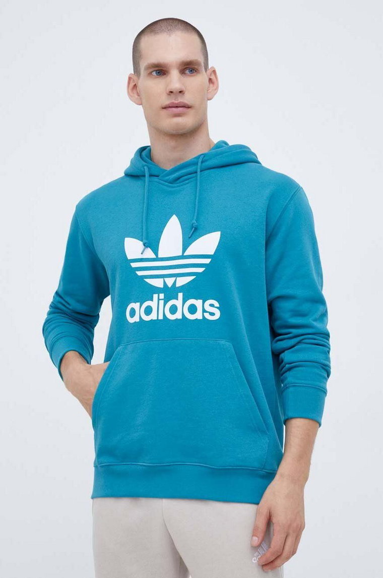 adidas Originals bluza bawełniana męska kolor turkusowy z kapturem z nadrukiem