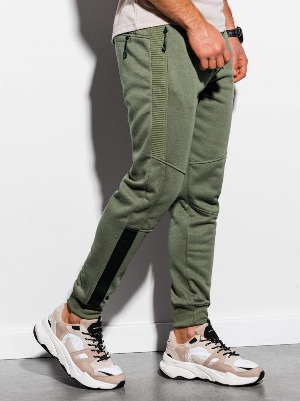 Spodnie męskie dresowe z przeszyciami - khaki V1 OM-PASK-0137