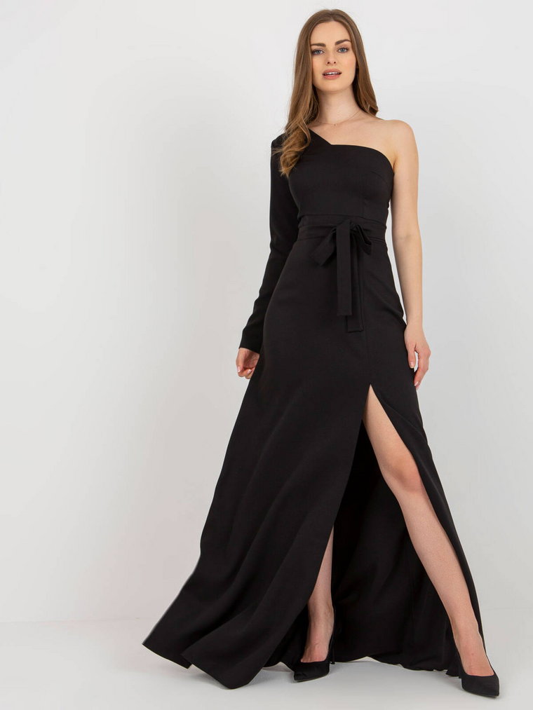 Sukienka wieczorowa czarny elegancka dekolt asymetryczny rękaw długi bez rękawów długość maxi pasek
