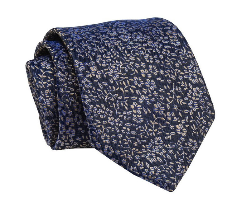 Krawat Granatowo-Beżowy w Kwiatki, 7 cm, Elegancki, Klasyczny, Męski -ALTIES