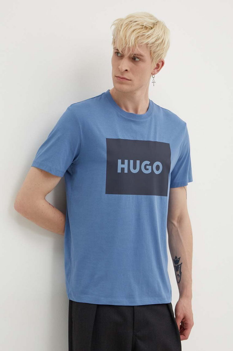 HUGO t-shirt bawełniany męski kolor niebieski z nadrukiem 50467952