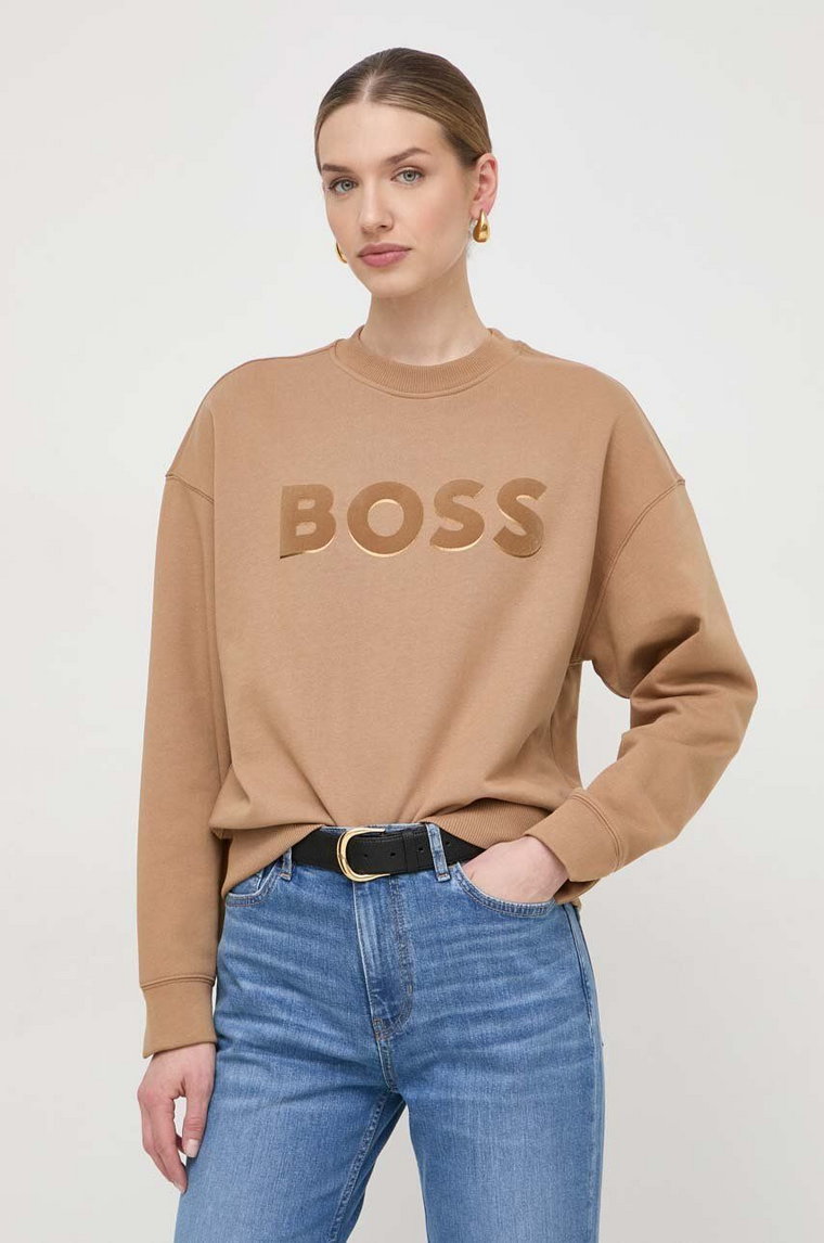 BOSS bluza bawełniana damska kolor beżowy z aplikacją