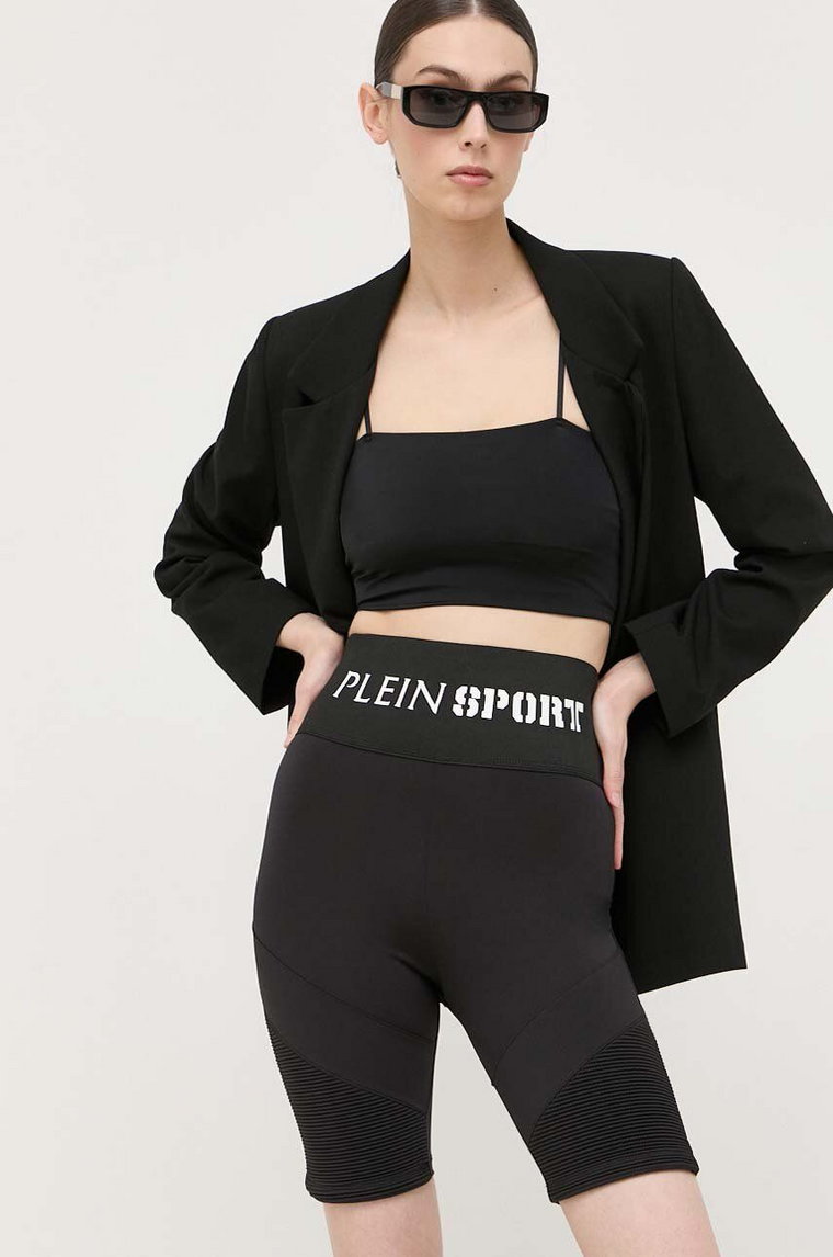 PLEIN SPORT szorty damskie kolor czarny z nadrukiem high waist