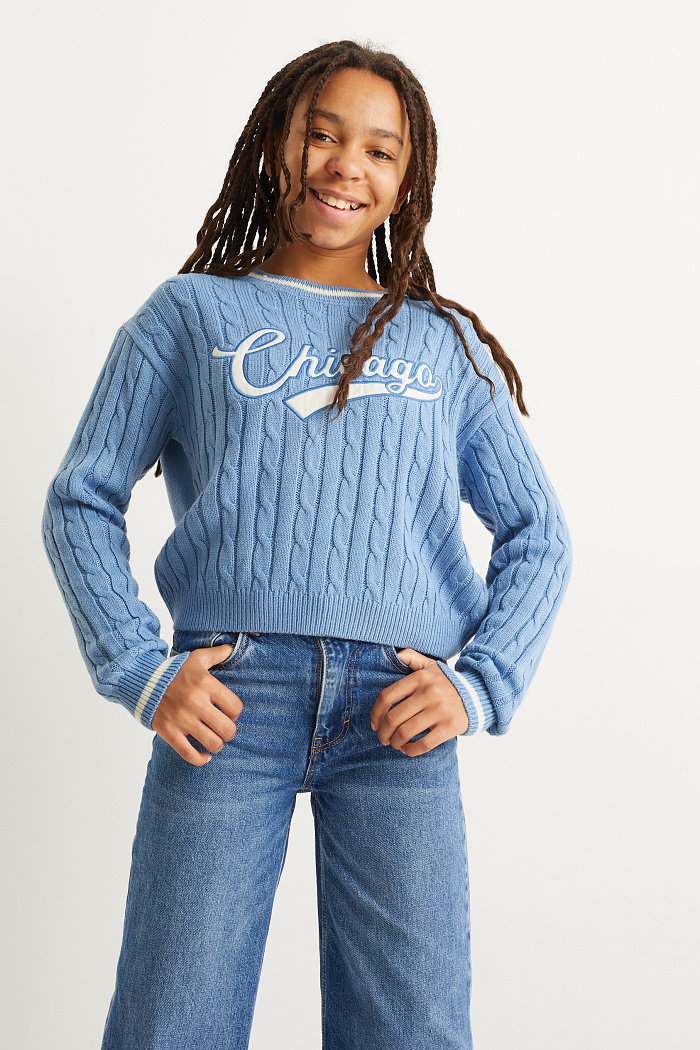 C&A Sweter-warkoczowy wzór, Niebieski, Rozmiar: 146-152