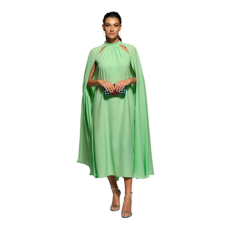 Zielona Sukienka Midi z Dekoltem Halter i Peleryną na Ramionach Moskada
