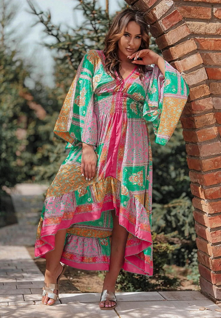 Długa wzorzysta sukienka indyjska różowa z falbaną Indie Jeden rozmiar