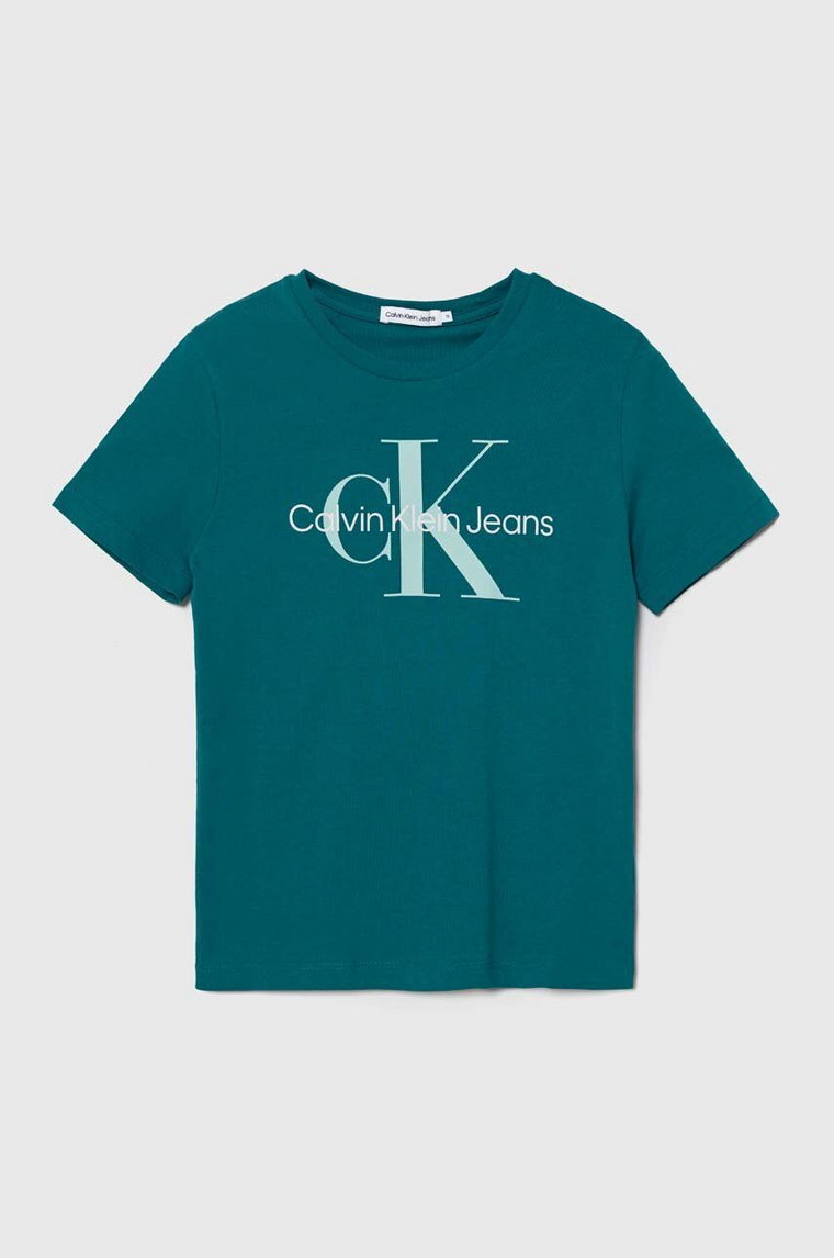 Calvin Klein Jeans t-shirt bawełniany dziecięcy kolor turkusowy z nadrukiem