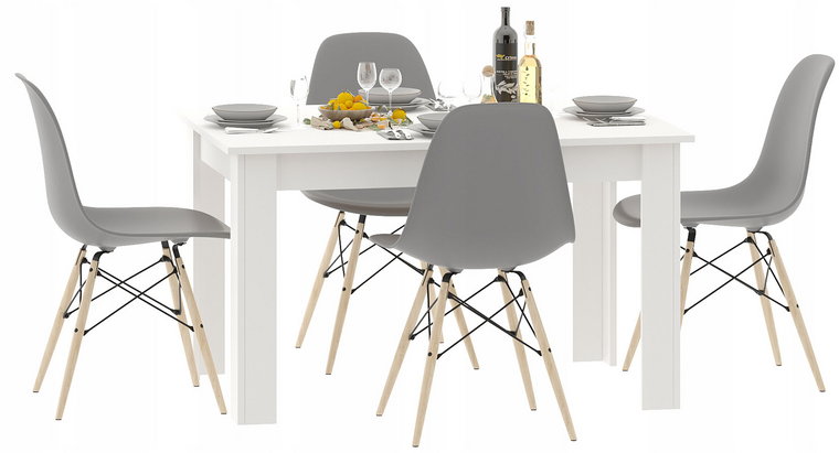 Biały prostokątny stół i 4 szare krzesła do jadalni - Rezo