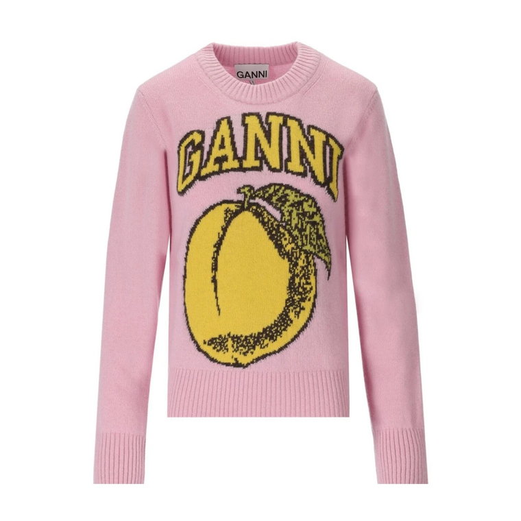 Kontrastujący Graficzny Różowy Sweter z Wełny Ganni