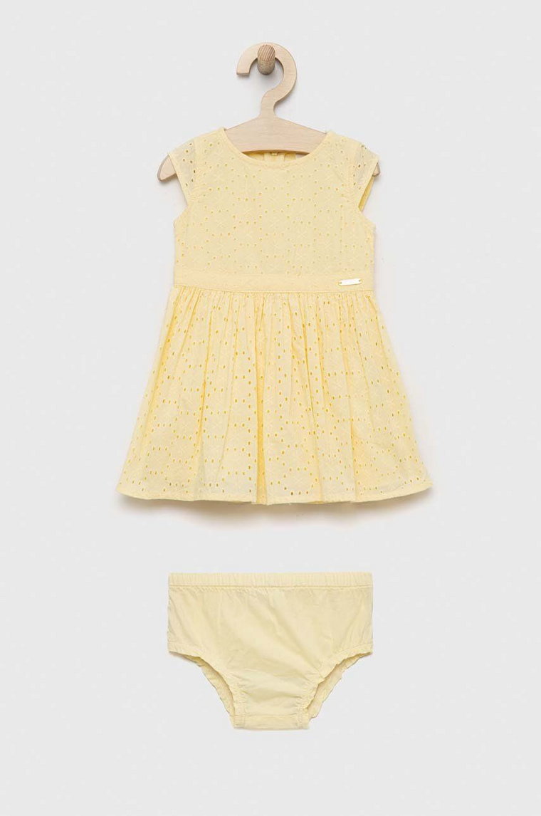 Guess sukienka bawełniana niemowlęca kolor żółty mini rozkloszowana