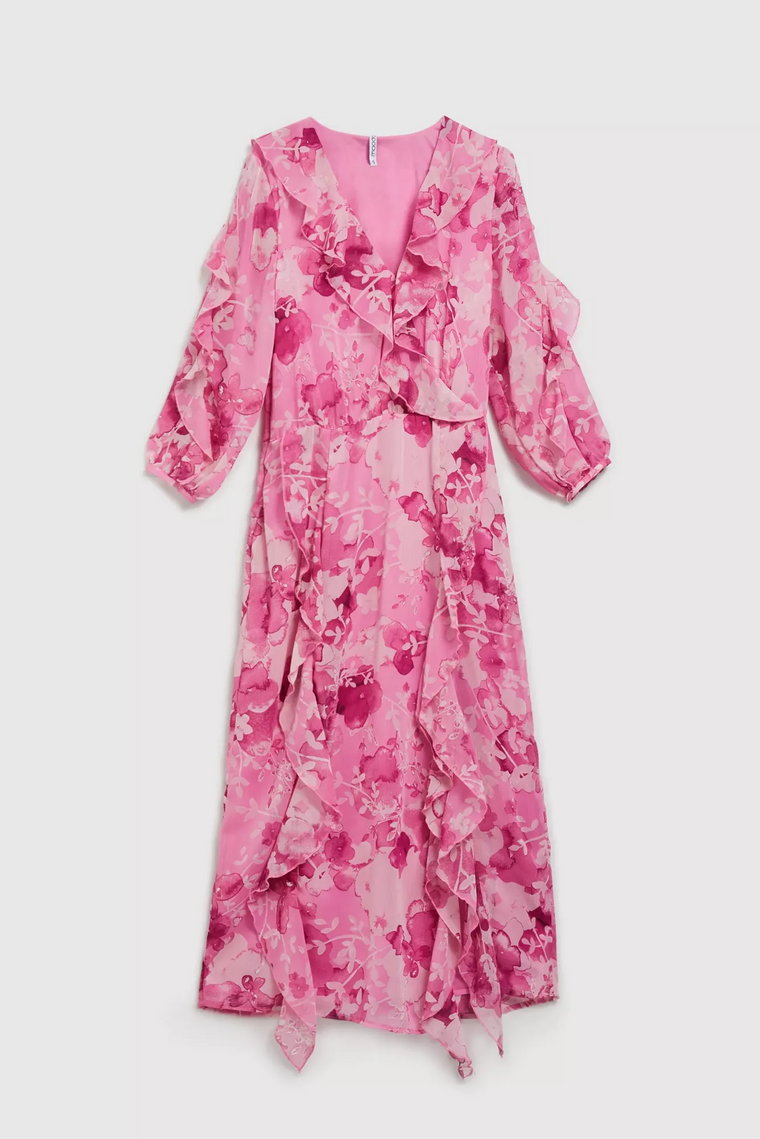 Sukienka z falbanami i kwiatowym wzorem różowa