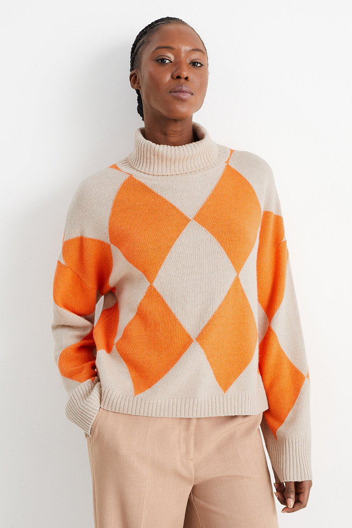 C&A Sweter z golfem z dodatkiem kaszmiru-w kratę, Pomarańczowy, Rozmiar: S