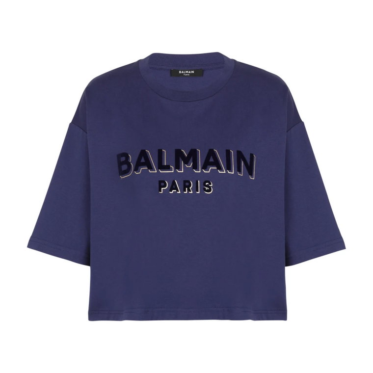 Krótki bawełniany t-shirt z flocked metallic logo Balmain