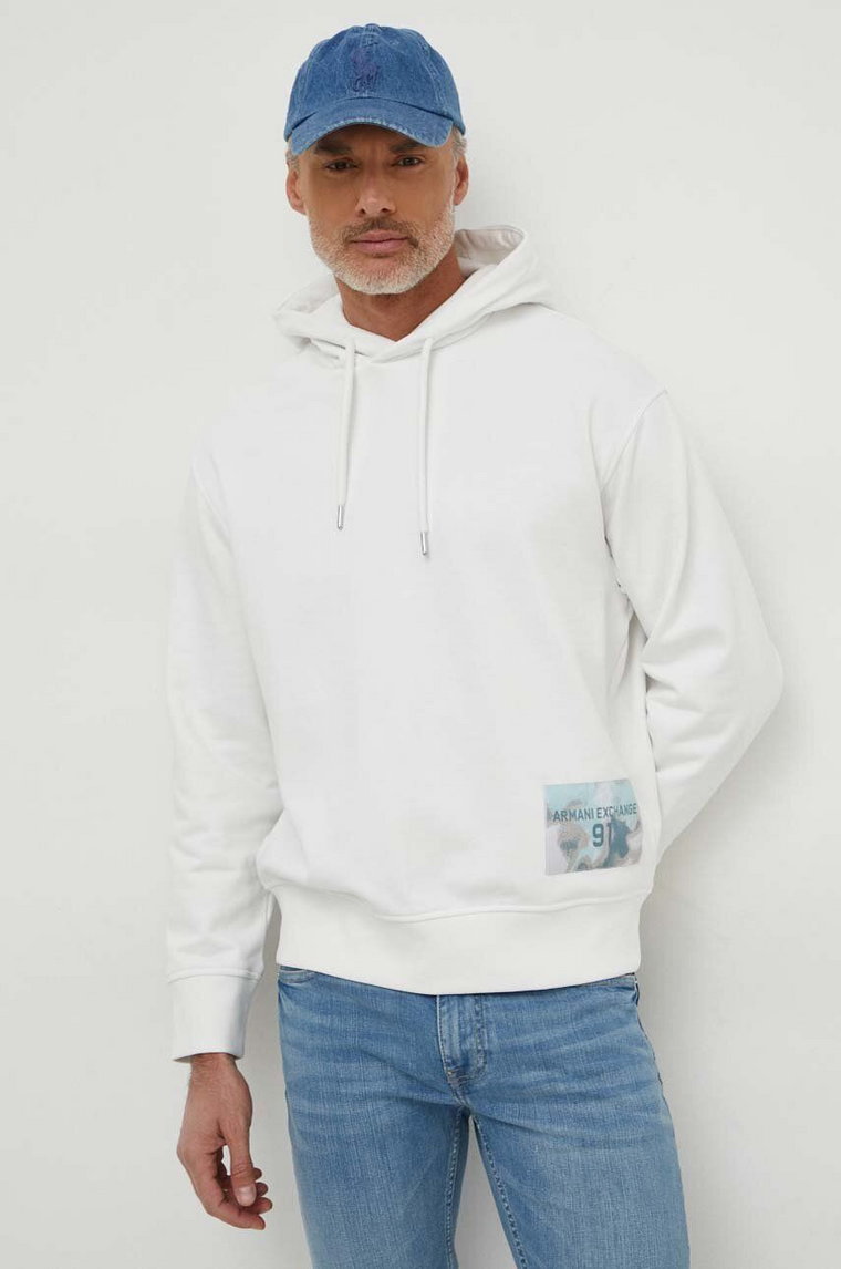 Armani Exchange bluza bawełniana męska kolor biały z kapturem z aplikacją 3DZMLE ZJ4XZ