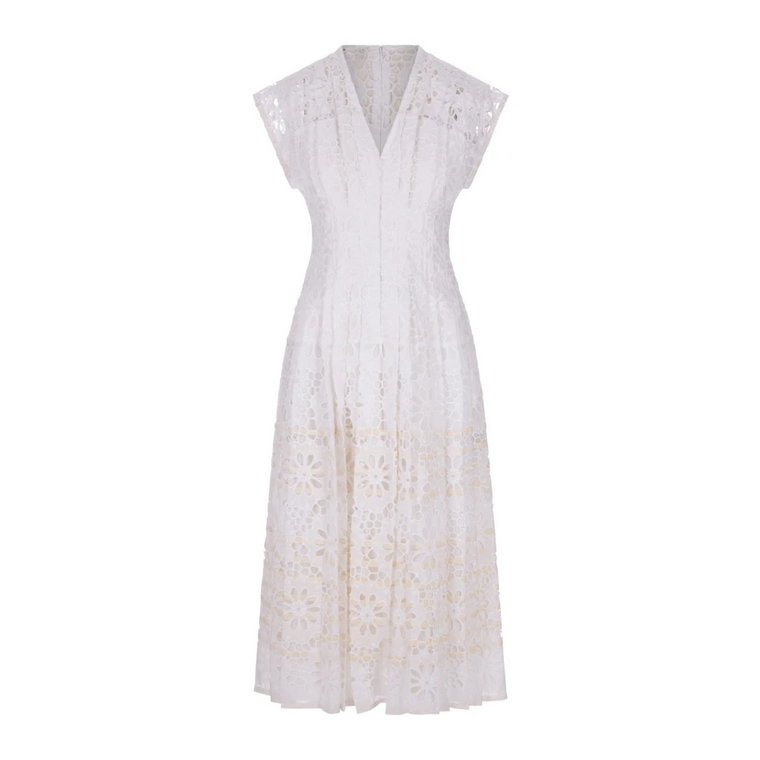 Biała koronkowa sukienka midi z kwiatowym motywem Tory Burch