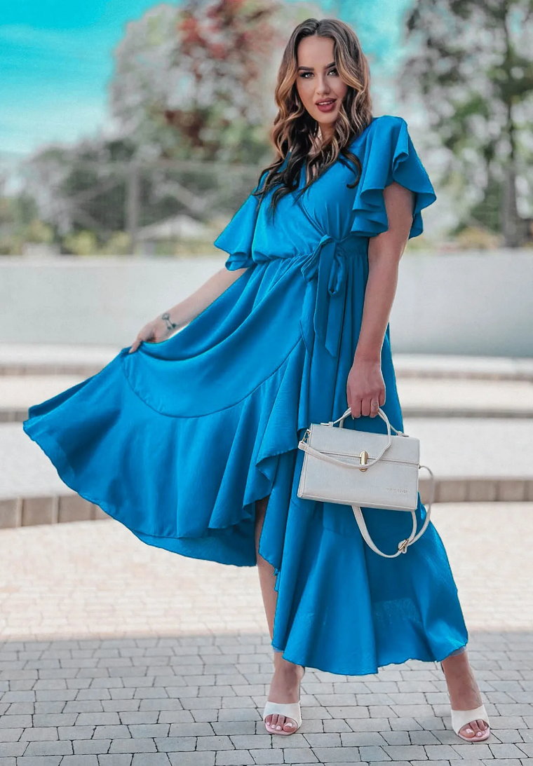 Niebieska sukienka midi z falbanami i krótkim rękawem Nala Jeden rozmiar
