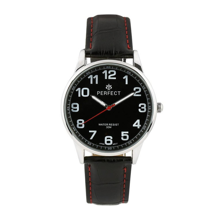 Zegarek męski kwarcowy czarny klasyczny skórzany pasek z czerwonym obszyciem C410 czarny