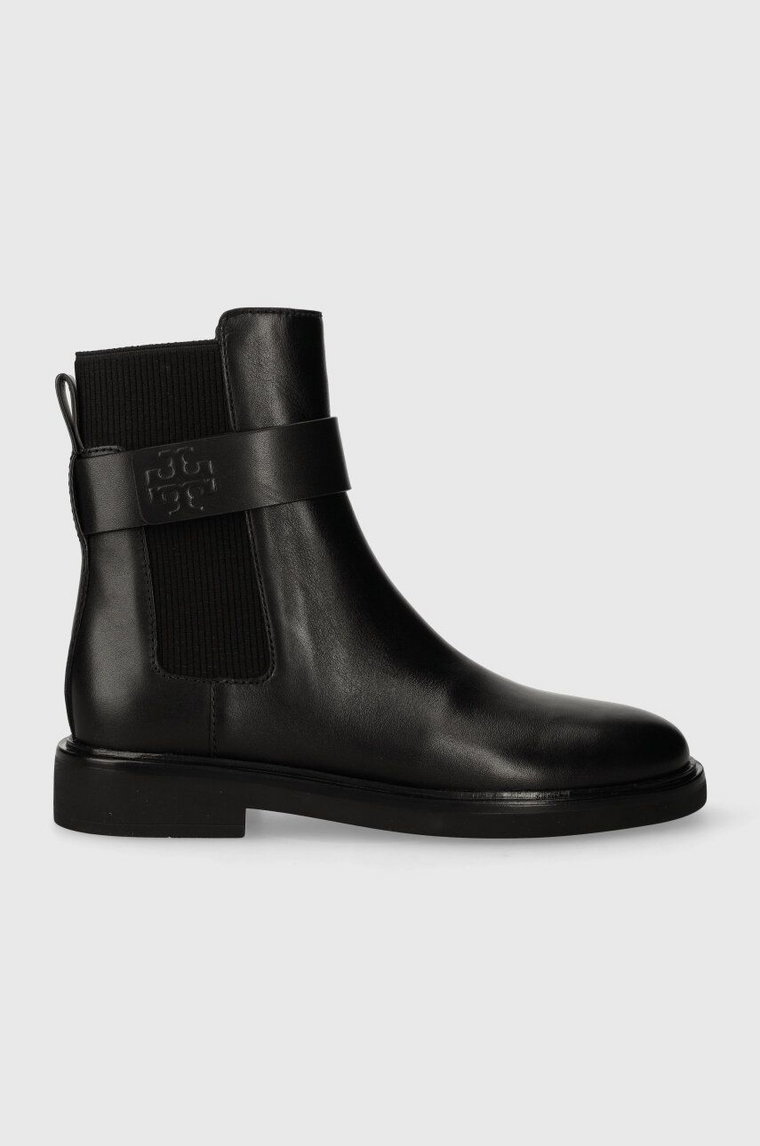 Tory Burch sztyblety skórzane DOUBLE T CHELSEA BOOT damskie kolor czarny na płaskim obcasie 152831-004