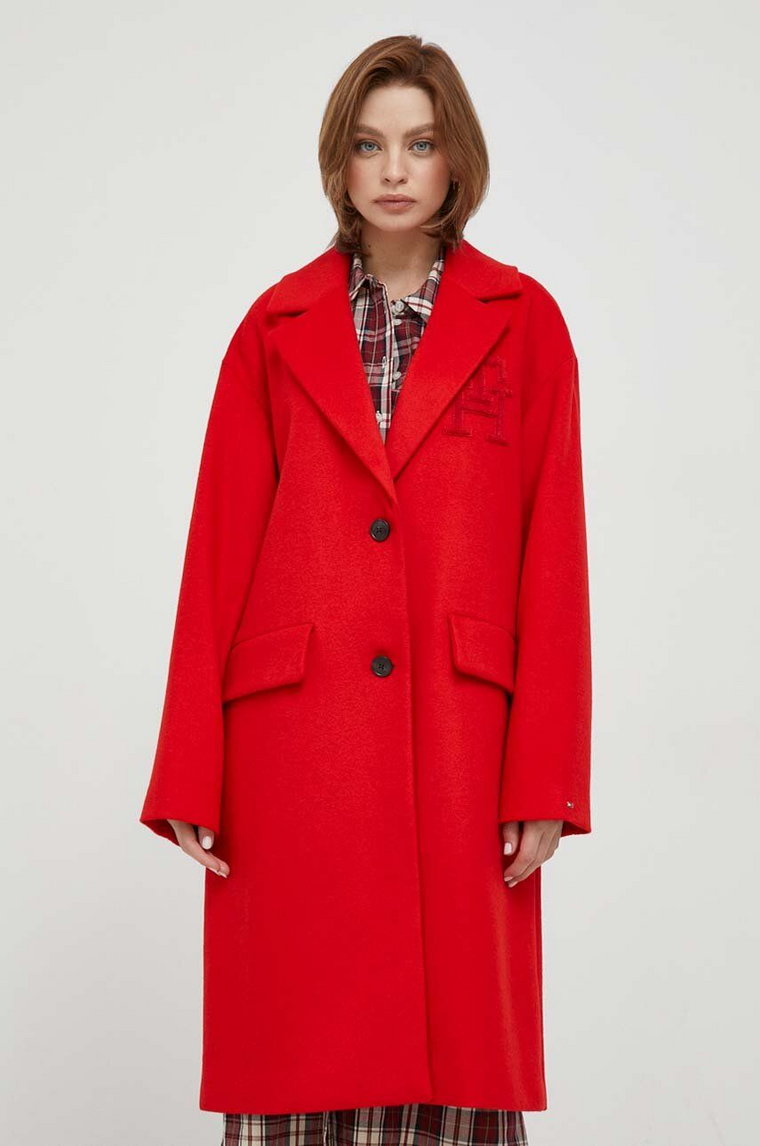 Tommy Hilfiger płaszcz wełniany kolor czerwony przejściowy oversize WW0WW39756