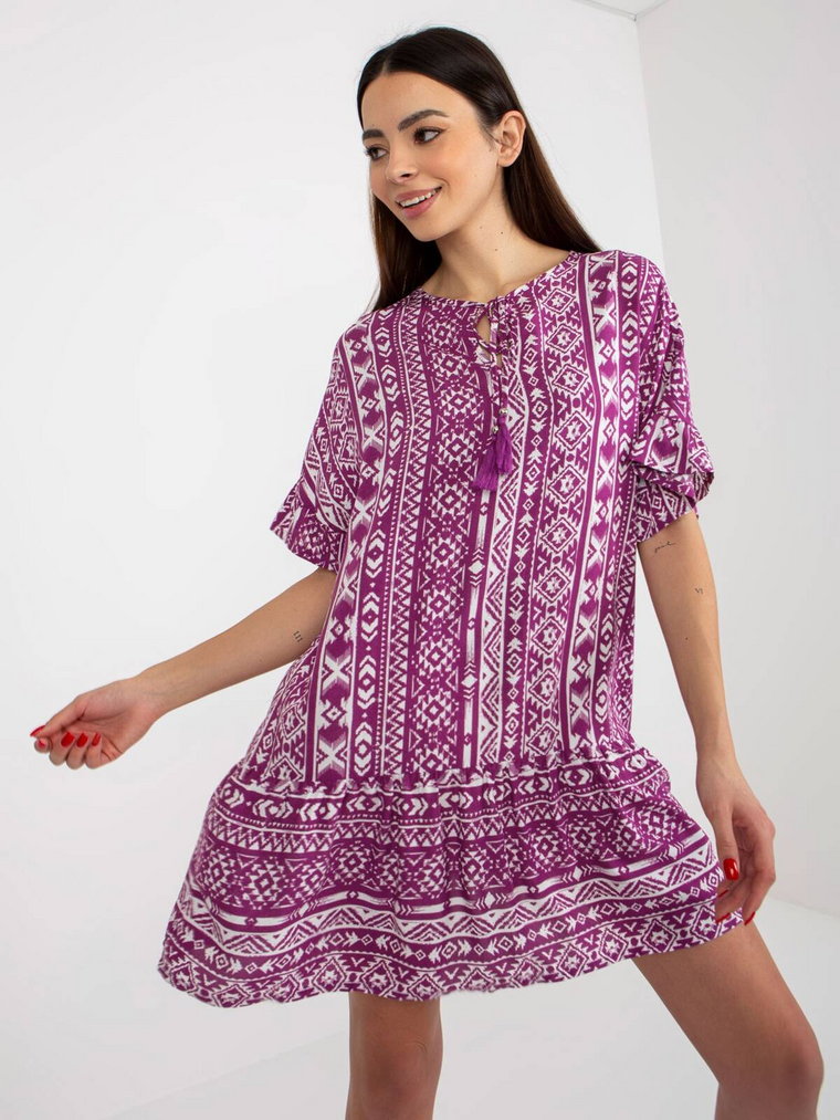 Sukienka z printem fioletowy letnia codzienna boho dekolt sznurowany rękaw krótki długość przed kolano falbana odzież ekologiczna frędzle