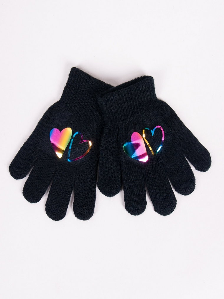 Rękawiczki dziewczęce pięciopalczaste czarne z hologramem sercami 14