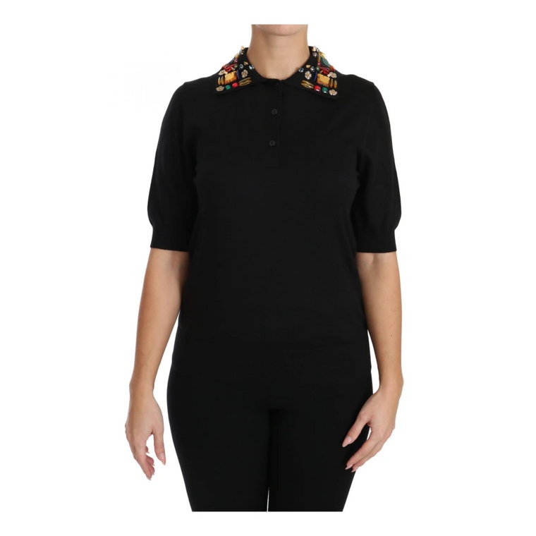 Black Cashmere Crystal Collar Top T-Shirt Dolce & Gabbana