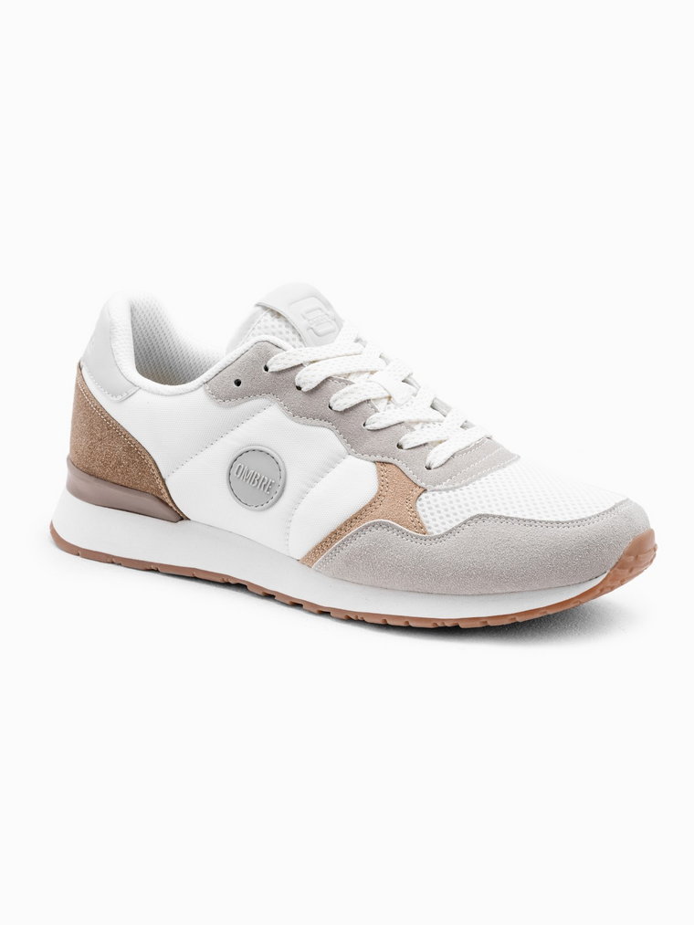 Buty męskie sneakersy z łączonych materiałów i siateczką - biało-brązowe V1 OM-FOSL-0155