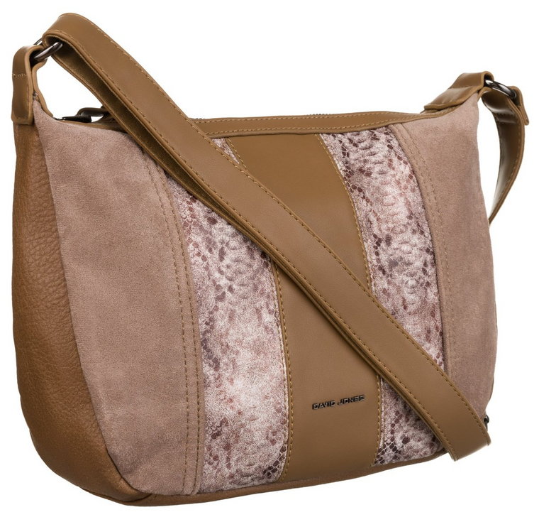 Torebka damska klasyczna listonoszka crossbody wężowy wzór skóra ekologiczna David Jones, brązowy camel