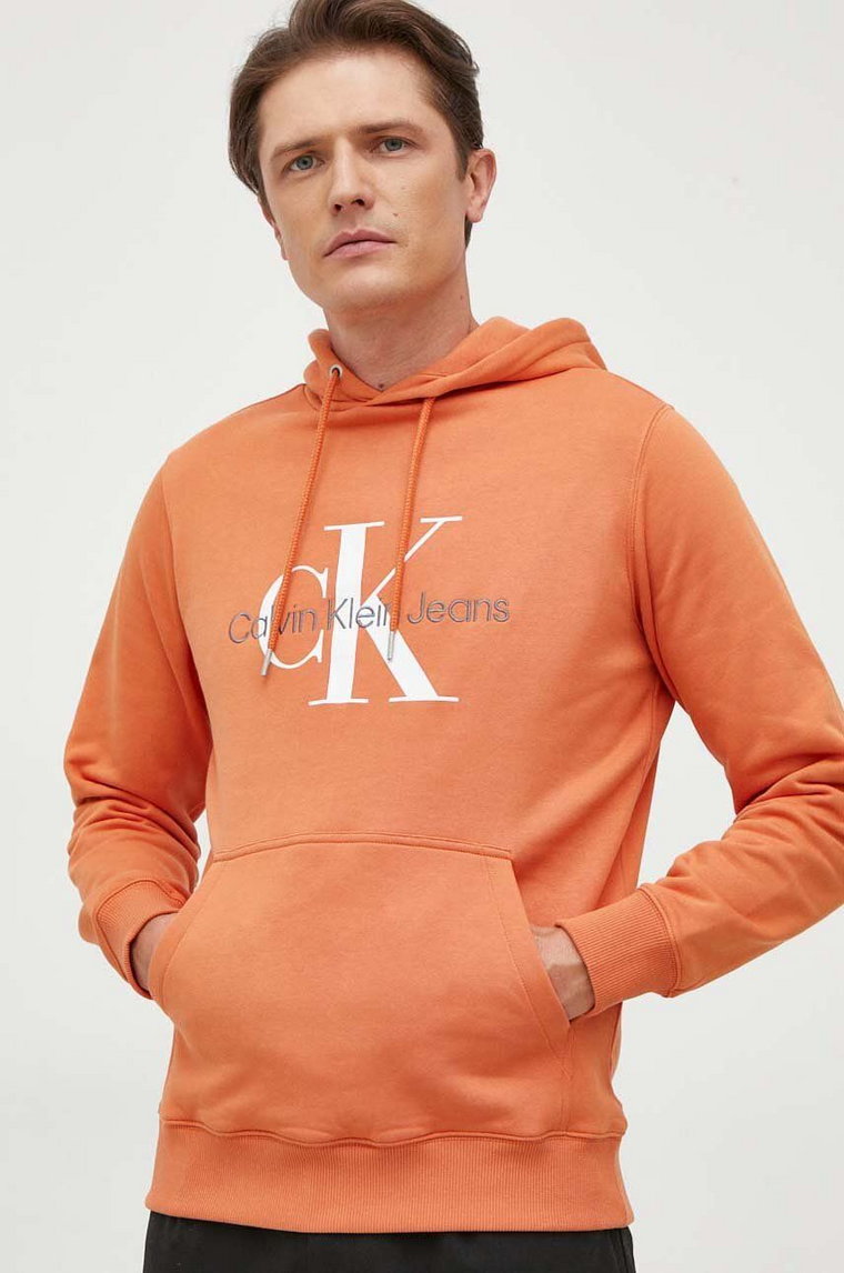 Calvin Klein Jeans bluza bawełniana męska kolor pomarańczowy z kapturem
