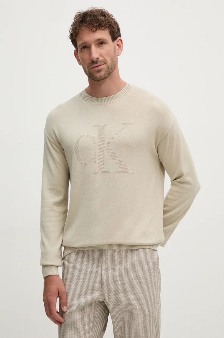 Calvin Klein Jeans sweter z domieszką wełny męski kolor beżowy lekki J30J326453