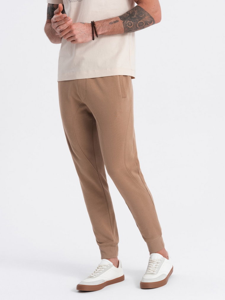 Spodnie męskie dresowe typu jogger - brązowe V2 OM-PABS-0173