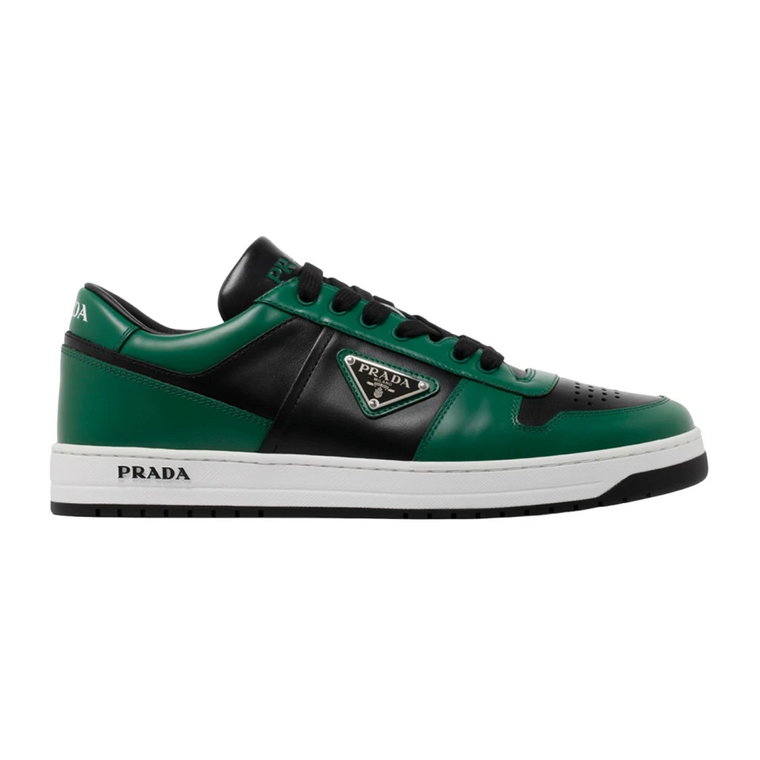 Czarne i Zielone Skórzane Sneakersy z Logo Downtown Triangle Prada