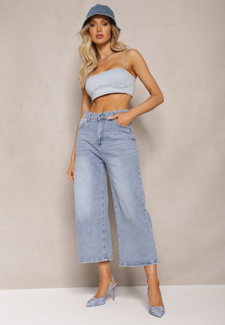 Niebieskie Szerokie Jeansy z Bawełny o Długości 7/8 High Waist Elsifa