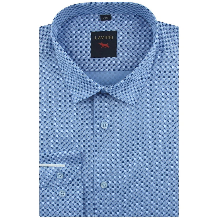 Duża Koszula Męska Elegancka Wizytowa do garnituru niebieska we wzorki z kieszonkami z klapą z długim rękawem Duże rozmiary Laviino E766