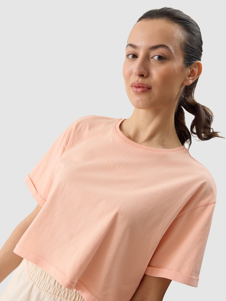 T-shirt crop top z nadrukiem damski - koralowy