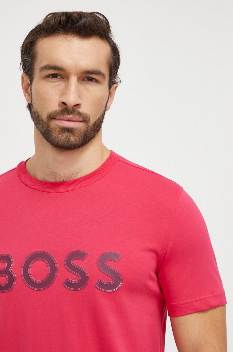 Boss Green t-shirt bawełniany męski kolor różowy z aplikacją