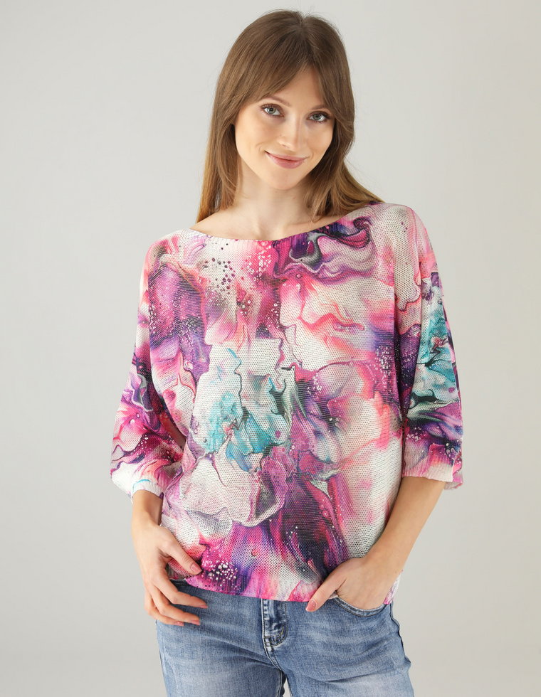 SWETER W KOLOROWY WZÓR 188-001C6 FUXIA