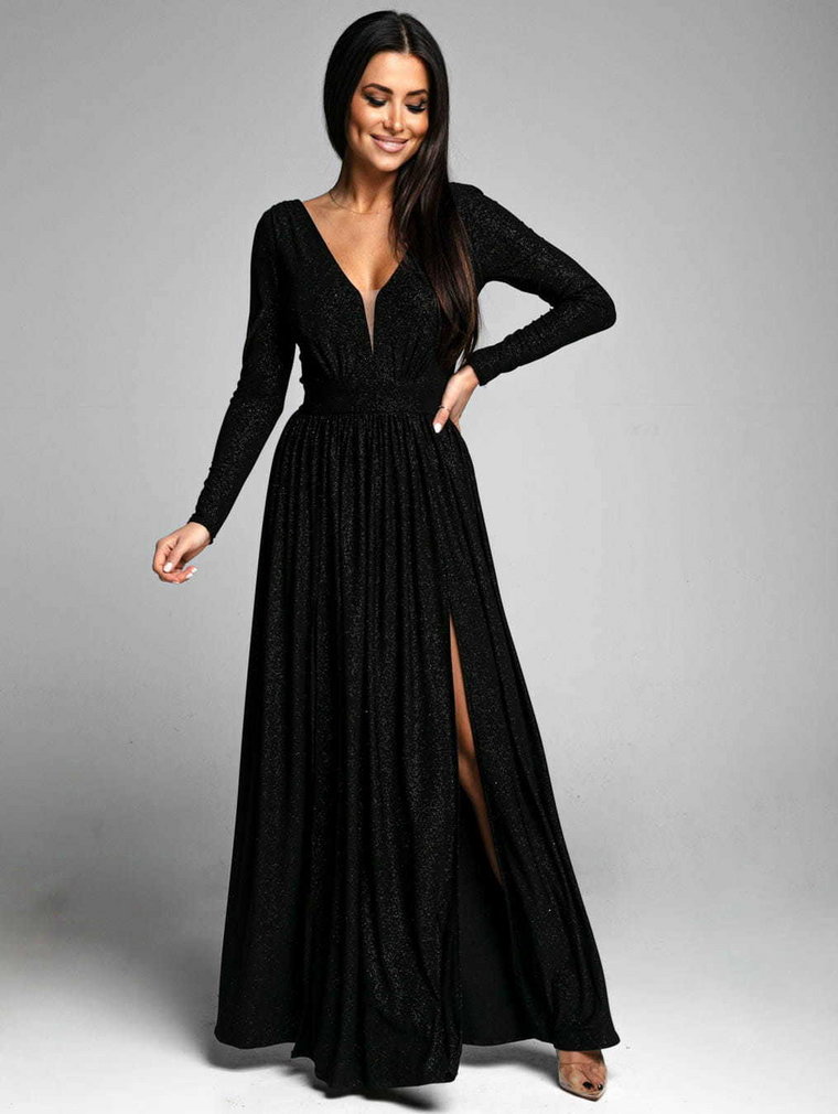 Sukienka czarna maxi brokatowa elegancka na długi rękaw balowa Promise2