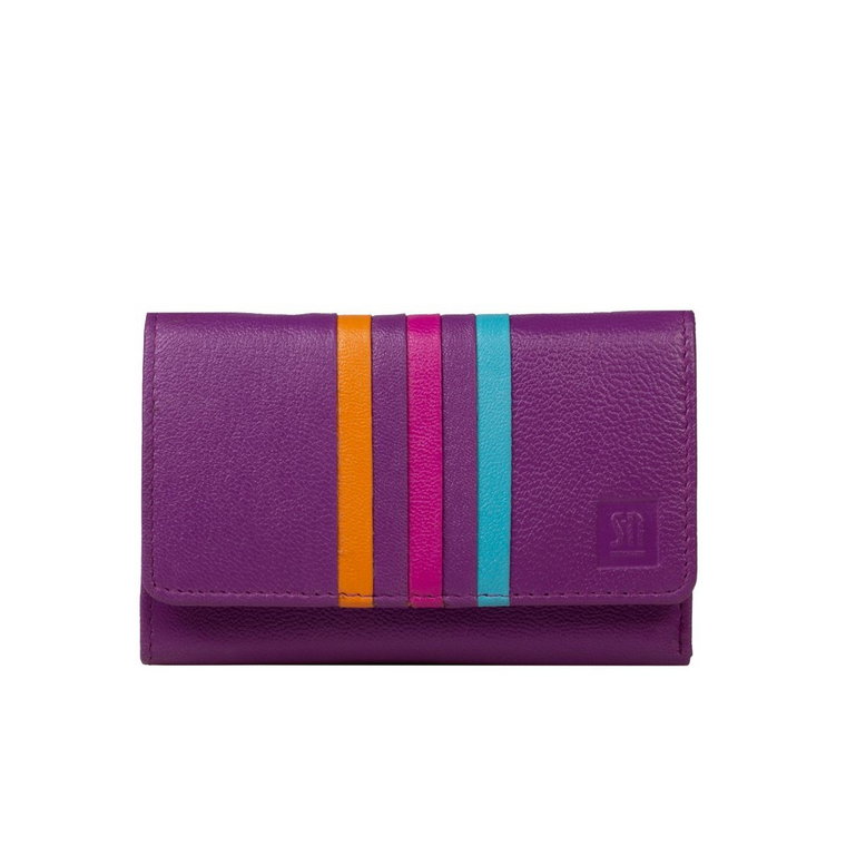 fioletowy portfel skórzany damski z pomarańczowym akcentem