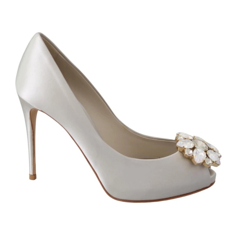 White Crystals Peep Toe Heels Satin Pumps Shoes Dolce & Gabbana