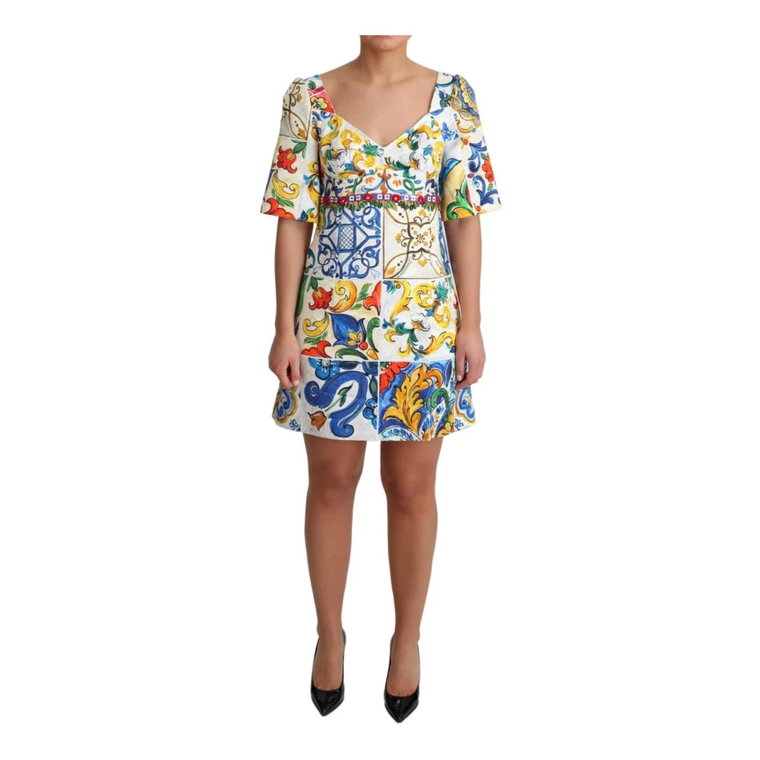 Multicolor Majolica Silk Cotton Mini Gown Dress Dolce & Gabbana