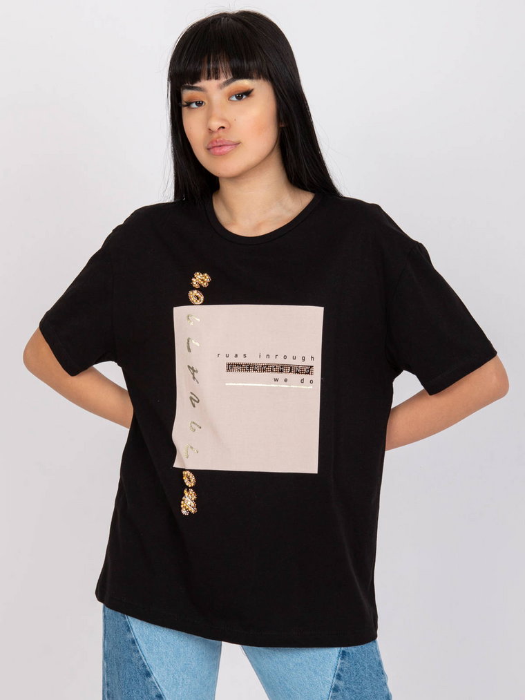 T-shirt z aplikacją czarny casual dekolt okrągły rękaw krótki dżety cyrkonie