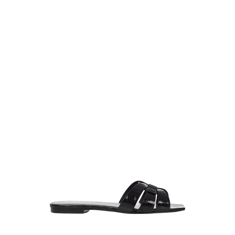 Czarne płaskie sandały z nadrukiem krokodyla Saint Laurent