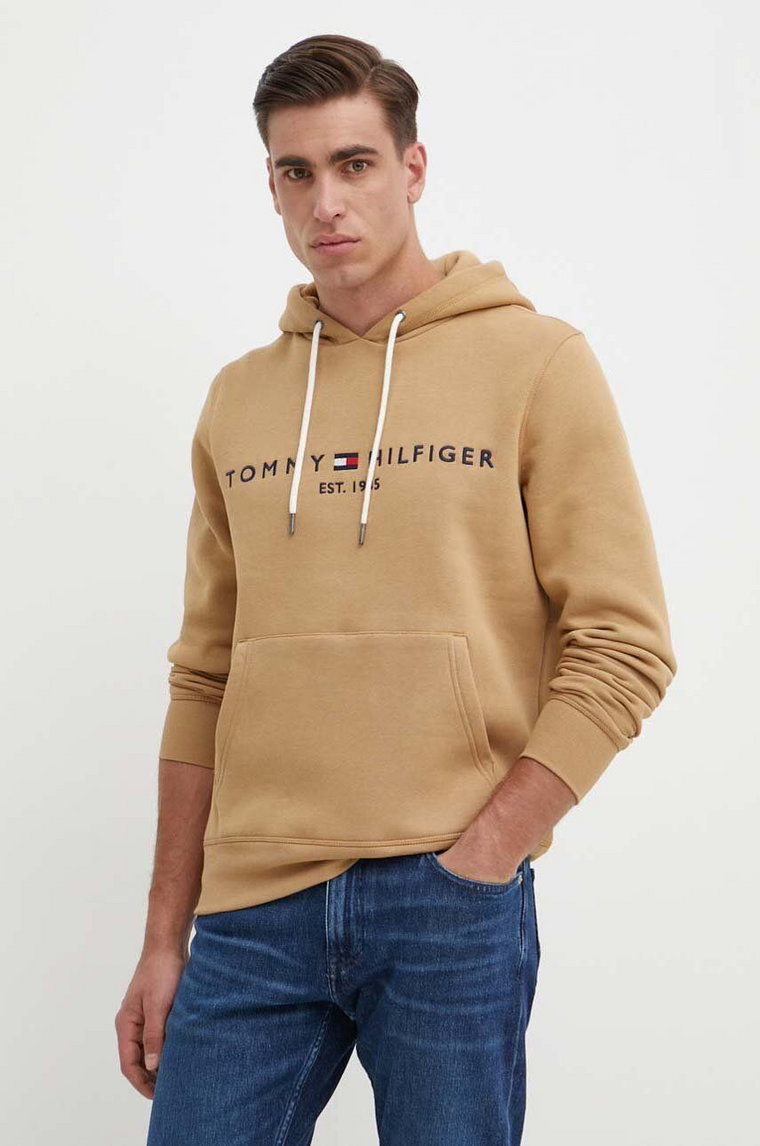 Tommy Hilfiger bluza męska kolor beżowy z kapturem z aplikacją MW0MW11599