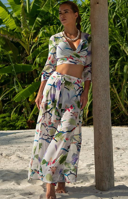 Komplet plażowy z szerokimi spodniami i wiązanym topem 287/01, Kolor biały-wzór, Rozmiar XL/2XL, Primo
