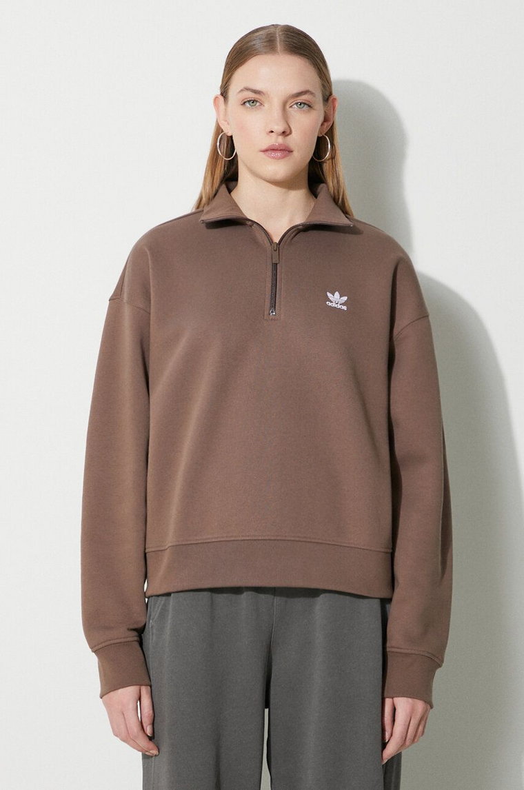 adidas Originals bluza Essentials Halfzip Sweatshirt damska kolor brązowy z aplikacją IR5938