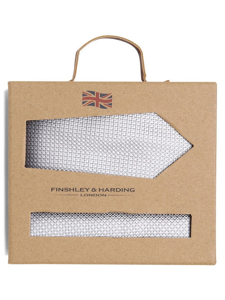 Finshley & Harding London - Krawat męski i poszetka z jedwabiu, szary|srebrny