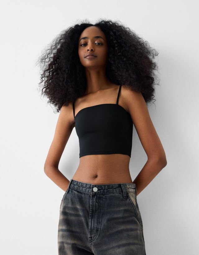 Bershka Top Na Ramiączkach Z Mieszanki Nylonu W Stylu Lat 90. Kobieta M Black