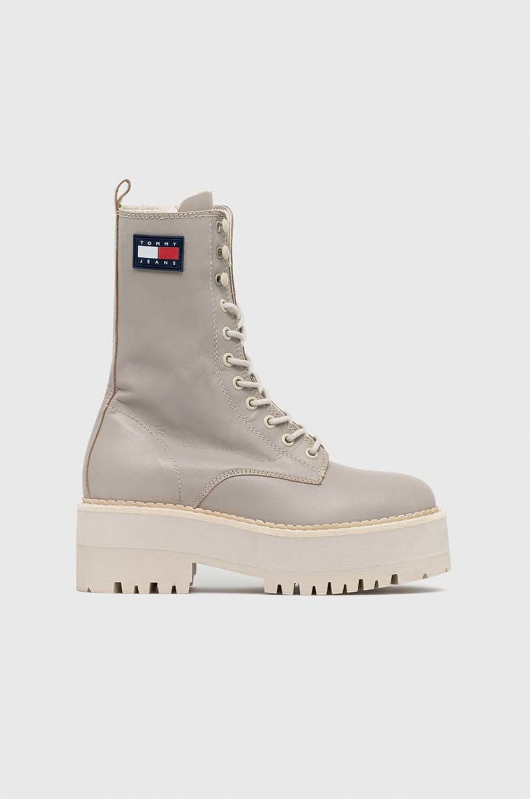 Tommy Jeans workery skórzane Tommy Jeans Flatform Padded Boot damskie kolor beżowy na płaskim obcasie