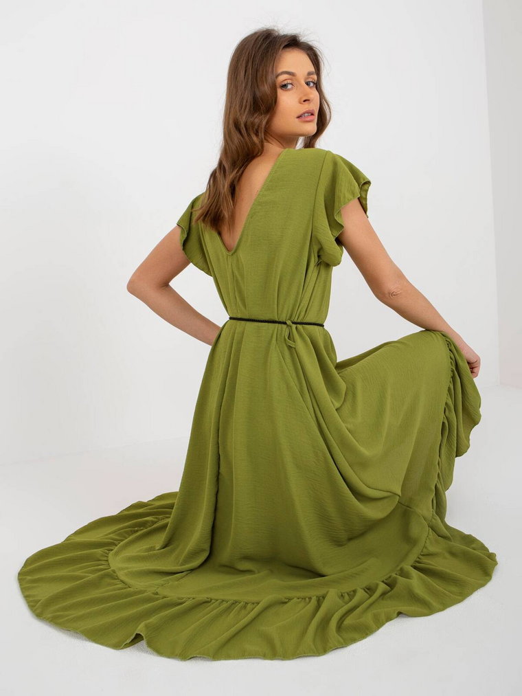 Sukienka z falbaną oliwkowy letnia codzienna dekolt okrągły rękaw krótki długość midi pasek falbana frędzle